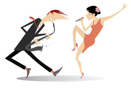 Saxophonist man and singer woman illustration. Man plays saxophone and singer woman sings to microphone with great inspiration isolated on white backgroundのイラスト素材