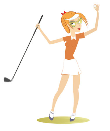 Young golfer woman on the golf course. Smiling golfer woman holds a golf club and golf ball isolated on white backgroundのイラスト素材