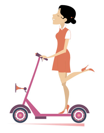 Cheerful woman rides on scooter illustration. Smiling young woman rides on an ecologically clean urban vehicle isolated on white backgroundのイラスト素材