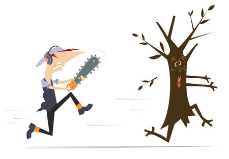 Cartoon worker with chainsaw, tree.
Cartoon tree running away from woodcutter with chainsaw. Isolated on white backgroundのイラスト素材