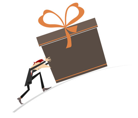 Young man pushing a huge present box. 
Gift box. Young man celebrating birthday or important eventのイラスト素材
