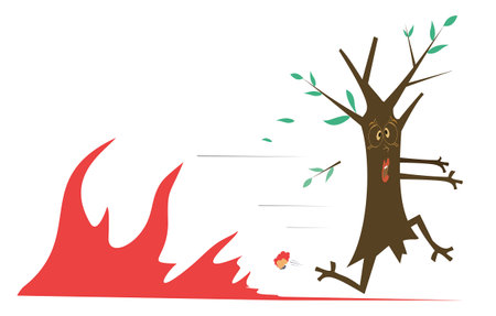 Forest Fire, fire in forest landscape damage, nature ecology disaster.
Forest fire. Cartoon tree running away from the fire. danger forest fire flameのイラスト素材