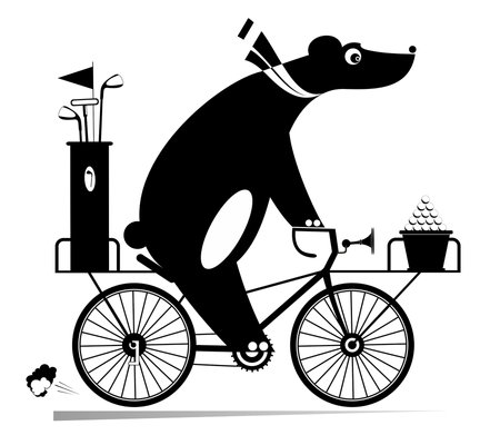 Bear on the bicycle goes to play golf. 
Cartoon bear with golf clubs and balls is on the way to the golf course on the bicycle. Black and whiteのイラスト素材