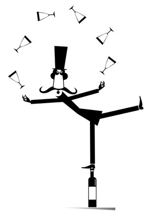 Cartoon man in the top hat juggling the wine glasses. Funny long mustache man in the top hat balancing on bottle and juggling the wine glasses isolated on white backgroundのイラスト素材