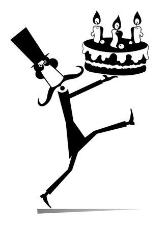 Cartoon man holds a cake with candles illustration. Funny long mustache man in the top hat holding a cake with candles black on whiteのイラスト素材
