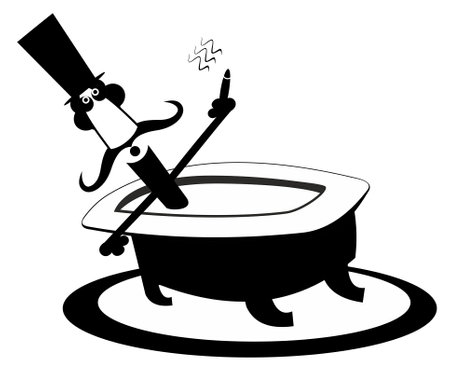 Cartoon long mustache man takes a bath and has a cigar illustration. Comic long mustache man in the top hat lies in the bathtub and smokes a cigar black on white illustrationのイラスト素材