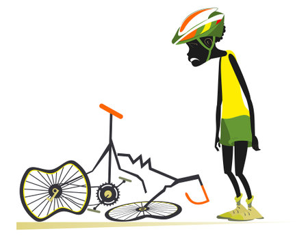 Cyclist African man and a broken bike. 
Sad African man standing near a broken bike with downcast head and hands isolated on whiteのイラスト素材