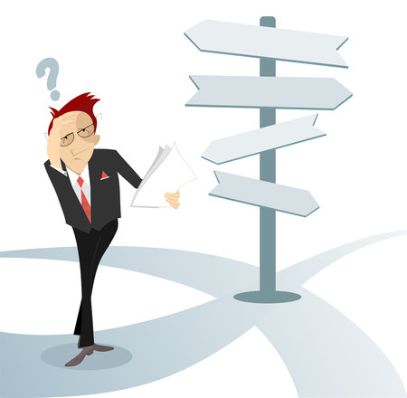 Businessman staying on the crossroads near a pointer sign.
A businessman at a crossroads thinking what a decision to makeのイラスト素材