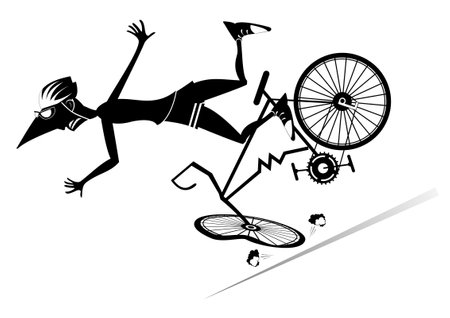 Cyclist falling down from the bicycle. 
Young man falling down from the bicycle. Black and white illustrationのイラスト素材