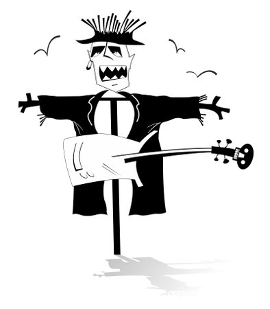 Funny scarecrow with guitar. 
Folk music. Cartoon scarecrow playing guitar. Black and white illustrationのイラスト素材