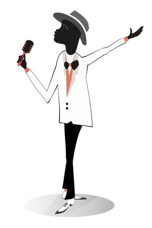 Romantic African man singer. 
Young African man with microphone sings a song with great inspiration. Isolated on white backgroundのイラスト素材