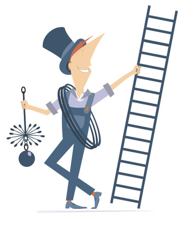 Cartoon chimney sweeper illustration. 
Funny chimney sweeper in the top hat holding a ladder and chimney brushe. Isolated on white backgroundのイラスト素材