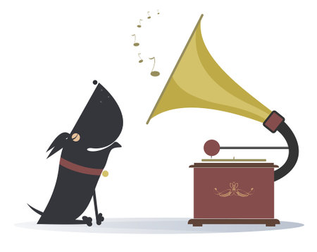 Retro record player. Howling or singing dog. 
Dog listening a retro record player and singing or howling. Isolated on white backgroundのイラスト素材