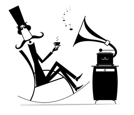Man in the rocking chair, coffee, retro record player.
Long mustache man in the top hat rests in the rocking chair with a cup of coffee and retro record player. Black and white illのイラスト素材