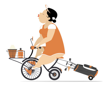 Comic woman on the bicycle on the way to golf course. Cartoon cycling girl going to play golfのイラスト素材