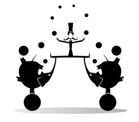 Circus. Elephant. Equilibrist man juggling balls. 
Funny long mustache man in the top hat balances on the trunks of the elephants and juggling balls. Black and white illustrationのイラスト素材
