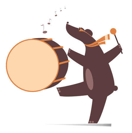 Cute bear beating a big drum illustration. Cartoon bear beats a big drum by drumstickのイラスト素材