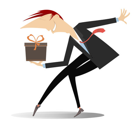 Cartoon young man holding a gift box. 
Happy smiling man holds a present box. Isolated on white background illustrationのイラスト素材