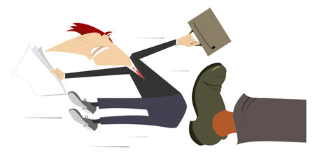 Leg in boot kicks a man to the buttocks illustration. 
Cartoon businessman with papers and a bag is given a kick to the buttocks. Isolated on white backgroundのイラスト素材