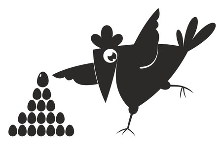Cartoon hen and eggs illustration. 
Cute hen and a lot of eggs. Ð¡hicken lays eggs. Black and white illustrationのイラスト素材