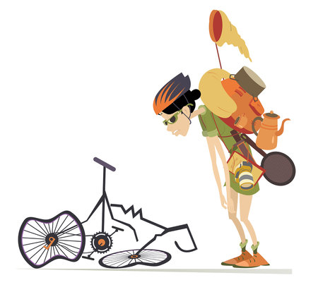Cycling traveler young woman and broken bike illustration. 
Upset cyclist young traveler woman standing near a broken bicycle with down hands. Isolated on white backgroundのイラスト素材