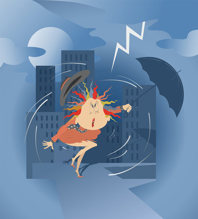 Woman with umbrella. Wind. Thunderstorm. 
Thunderstorm. Lightning. Scared young woman with umbrella staying on the strong windのイラスト素材