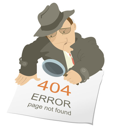 Error 404 page not found concept illustration. Webpage banner. 
A detective man holding a loupe...