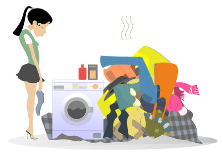 Young woman, dirty laundry and washing machine. 
Sad young woman with head down standing near washing machine and big pile of dirty laundryのイラスト素材