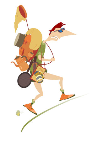 Tired traveler or tourist man. 
Young man in sunglasses with rucksack overcoming a steep ascent. Isolated on white backgroundのイラスト素材