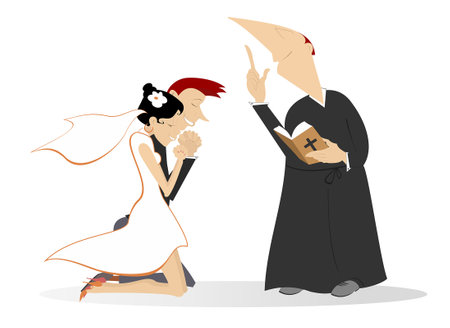 Married wedding couple and priest holding a Bible. 
Wedding day. Wedding in church. Kneeling married wedding couple and priest with a Bibleのイラスト素材