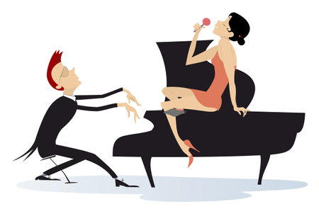 Couple musicians. Singer woman and pianist man.
Duet of musicians. Singer woman sitting on the piano and pianist manのイラスト素材