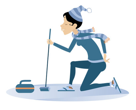 Smiling young woman plays curling. 
Winter sport. Young woman with a curling brush aiming a stone to a targetのイラスト素材