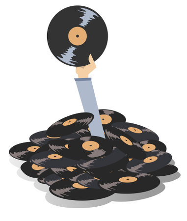 Hand holding a long playing record. Pile of records.
Hand with a long play record appears from a big pile of recordsのイラスト素材