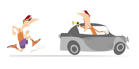 Running man and riding on the car coach or supporter illustration. 
Trainer or supporter with megaphone rides on the car in front of the running man and supports him. Isolated on wのイラスト素材