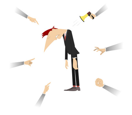 Upset man. Hands with orders and instructions. Concept.
Upset man or businessman with head down surrounded by orders and instructions of his superiors handsのイラスト素材
