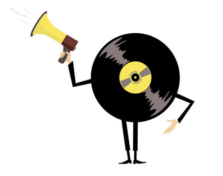 Cartoon long playing record holding megaphone. 
Retro record player. Cartoon long playing record makes announcement to megaphone. Isolated on white backgroundのイラスト素材