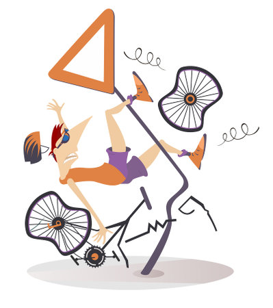 Bicycle accident. Falling down cyclist.
Cyclist smashed into a road signのイラスト素材