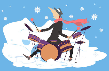 Winter. Snow. Man plays on drum kit. 
Winter concert. Snowflakes. Smiling musician plays on drum kit with inspirationのイラスト素材