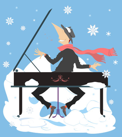 Winter. Snow. Man playing piano. Winter concert. Snowflakes. Smiling pianist playing music with inspirationのイラスト素材