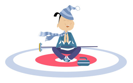 Funny young woman meditates sitting on the curling court.
Winter sport. Young woman with a curling...