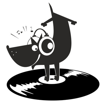 Cartoon dog, headphones and a long playing record. Cartoon dog in headphones stands on a long playing record. Original black and white illustrationのイラスト素材