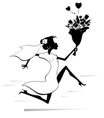 Cartoon running woman with a bunch of flowers. Heart symbols. Pretty bride in the white dress and wedding veil running with bunch of flowers at his hand. Black and white illustratiのイラスト素材