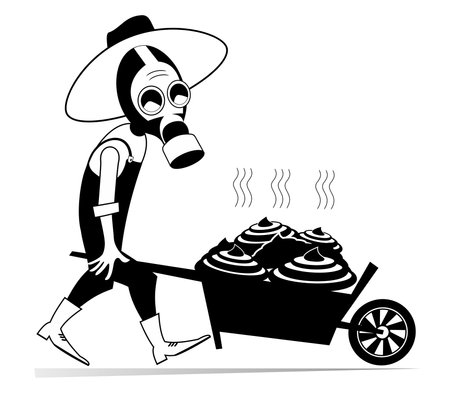 Farmer or gardener rolls a cart full of dung. Cartoon farmer or gardener in the gas mask rolling a cart full of organic fertilizers. Agriculture, farming, manure. Black and white iのイラスト素材