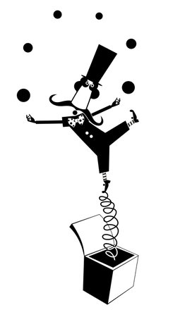 Toy circus clown on a spring pops out of the box and juggles the balls.
Funny man in the top hat on a spring pops out of the box and juggles the balls. Jack in a box toy. Surpriseのイラスト素材