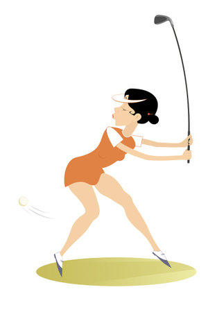 Golfer woman on the golf course. Golf course. Young golfer woman aiming to do a good shot. Isolated on white backgroundのイラスト素材