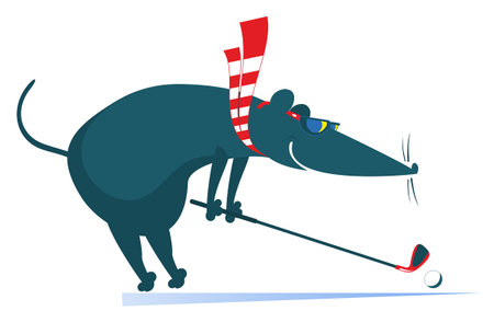Cartoon rat or mouse plays golf illustration. Funny rat or mouse tries to do a good shot isolated on whiteのイラスト素材