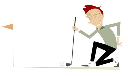 Young man a golfer on the golf course illustration. Cartoon golfer man staying on the kneel aiming to do a good kick isolated on whiteのイラスト素材