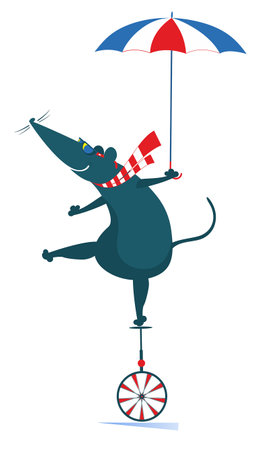 Cartoon rat or mouse balances on the unicycle and holds an umbrella isolated on whiteのイラスト素材