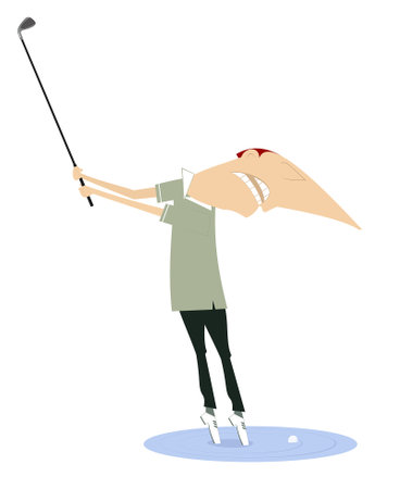 Man and problem kick on the golf course illustration. Cartoon golfer man stands on the water is thinking how to do a kick from the water obstacleのイラスト素材