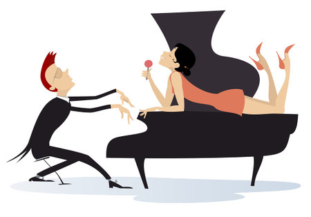 Couple musicians. Singer woman and pianist man. 
Duet of musicians. Pianist man and laying on the piano singer womanのイラスト素材